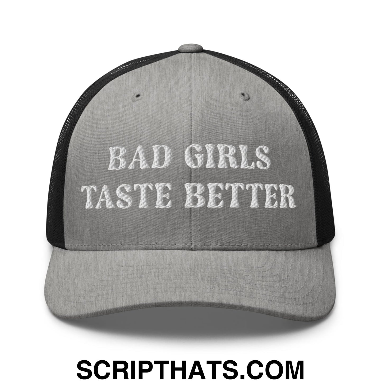 Bad Girls Taste Better Embroidered Mesh Trucker Hat Heather Black
