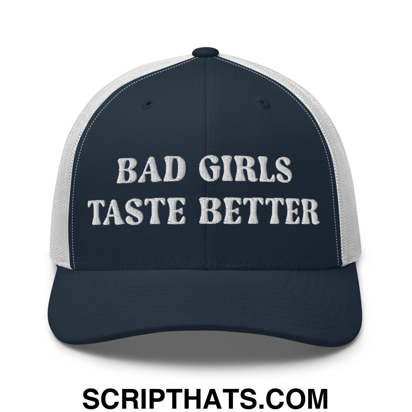 Bad Girls Taste Better Embroidered Mesh Trucker Hat Navy White