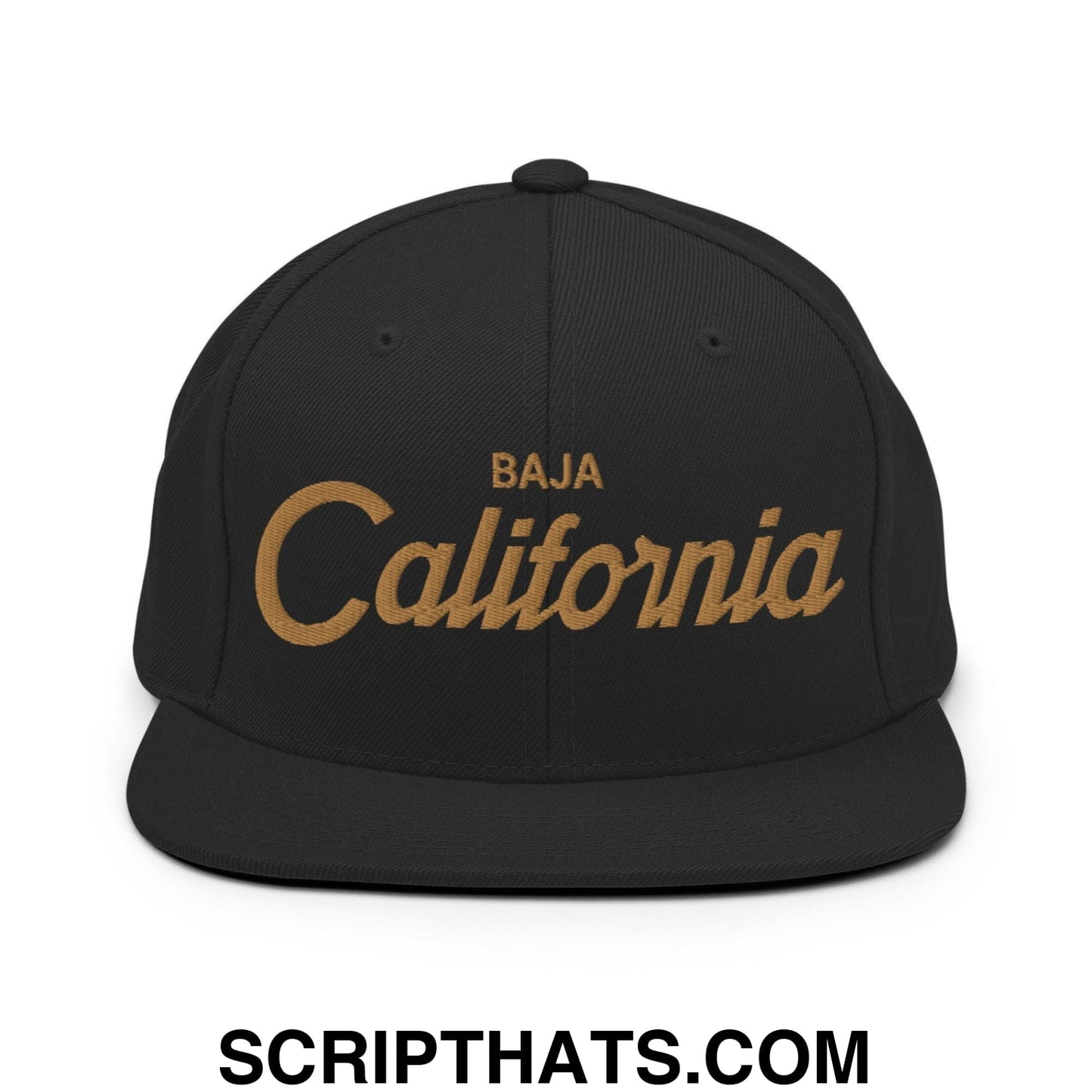 Baja California Mexico Gold Vintage Sports Script Snapback Hat Black