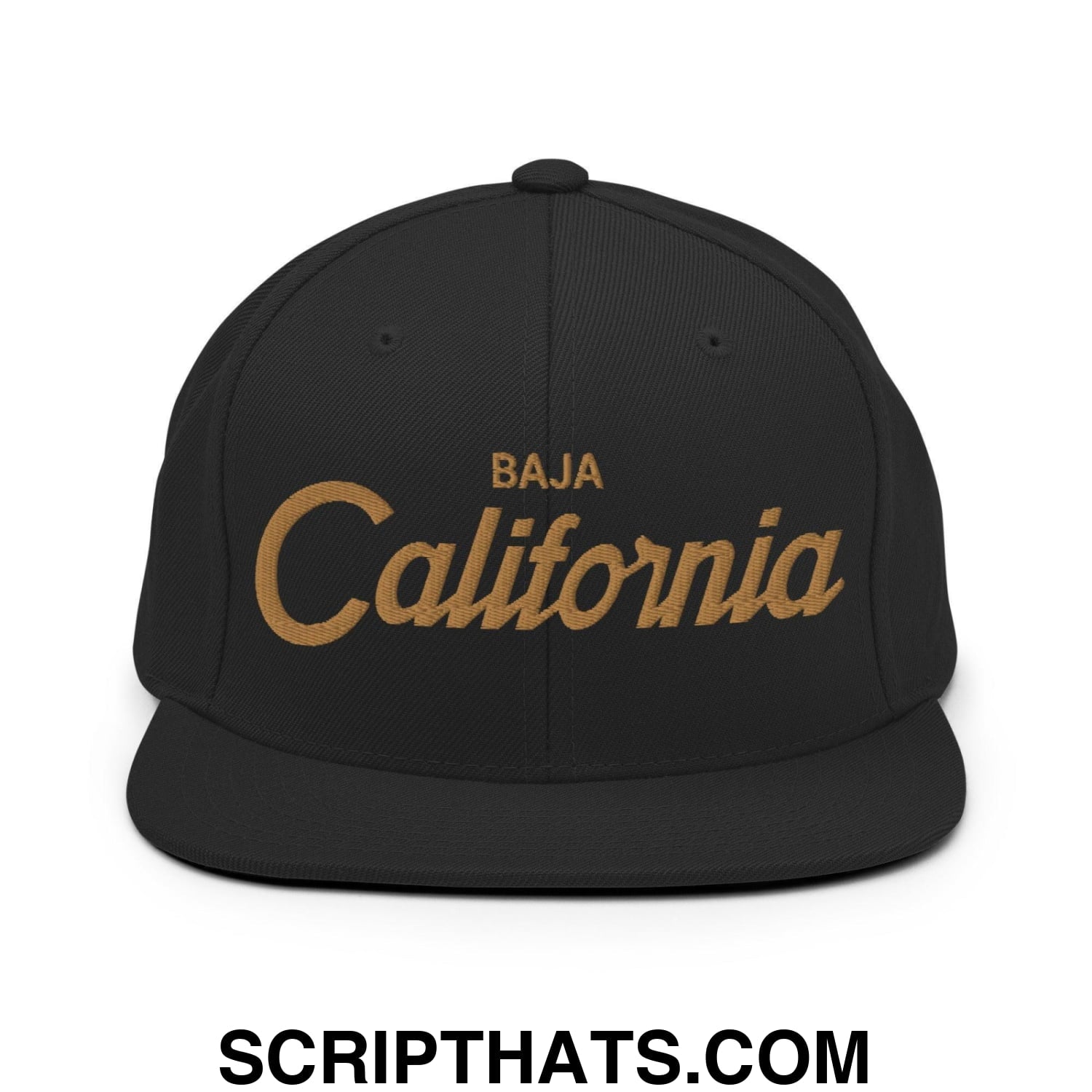 Baja California Mexico Gold Vintage Sports Script Snapback Hat Black