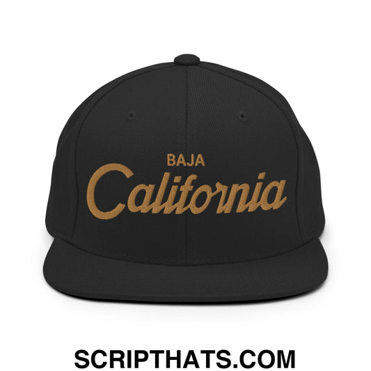 Baja California Mexico Gold Vintage Sports Script Snapback Hat Black