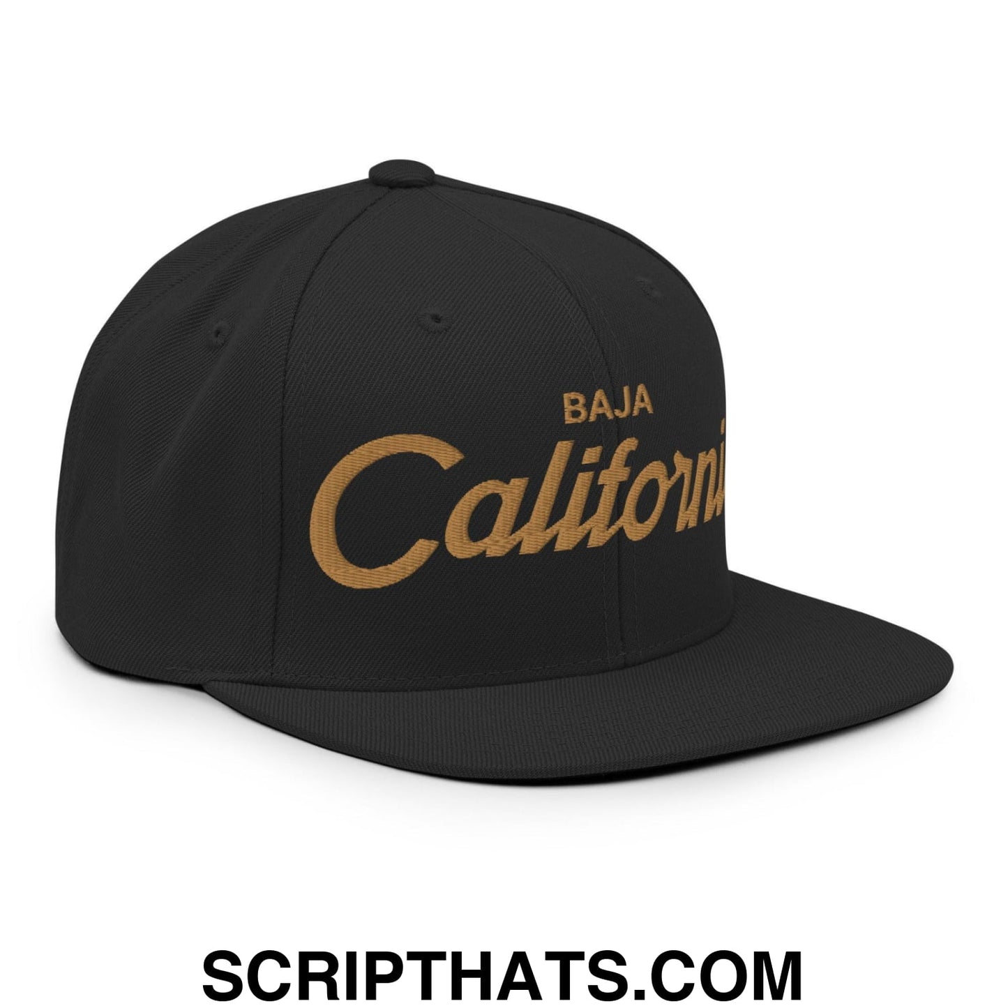 Baja California Mexico Gold Vintage Sports Script Snapback Hat Black