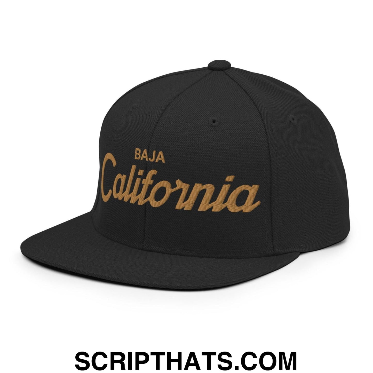 Baja California Mexico Gold Vintage Sports Script Snapback Hat Black