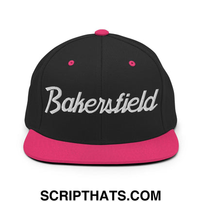 Bakersfield Script Snapback Hat Black Neon Pink