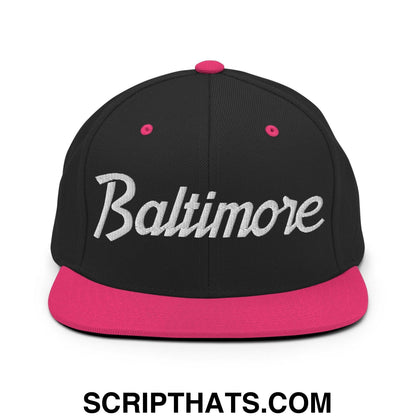 Baltimore Script Snapback Hat Black Neon Pink