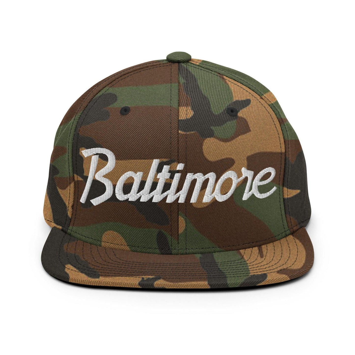 Baltimore Script Snapback Hat Green Camo