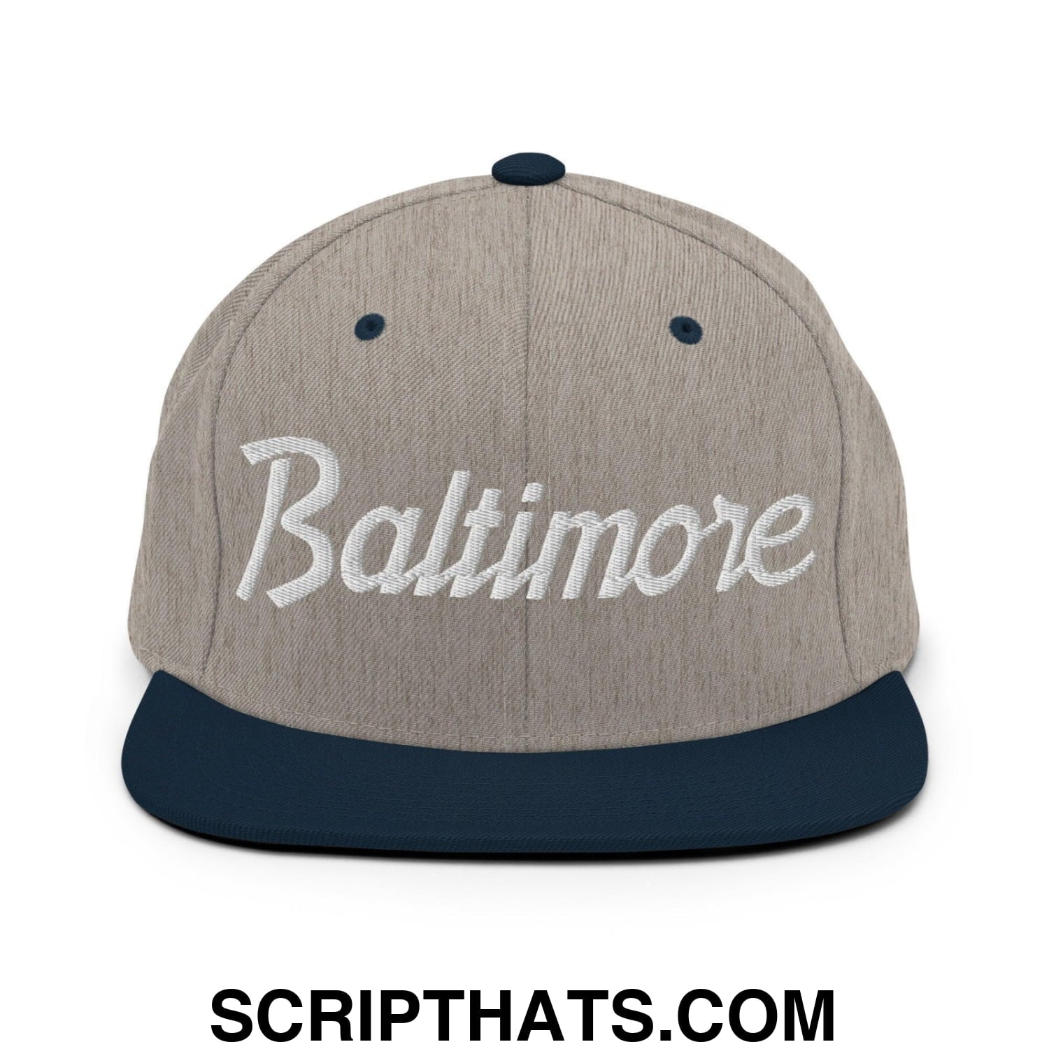 Baltimore Script Snapback Hat Heather Grey Navy