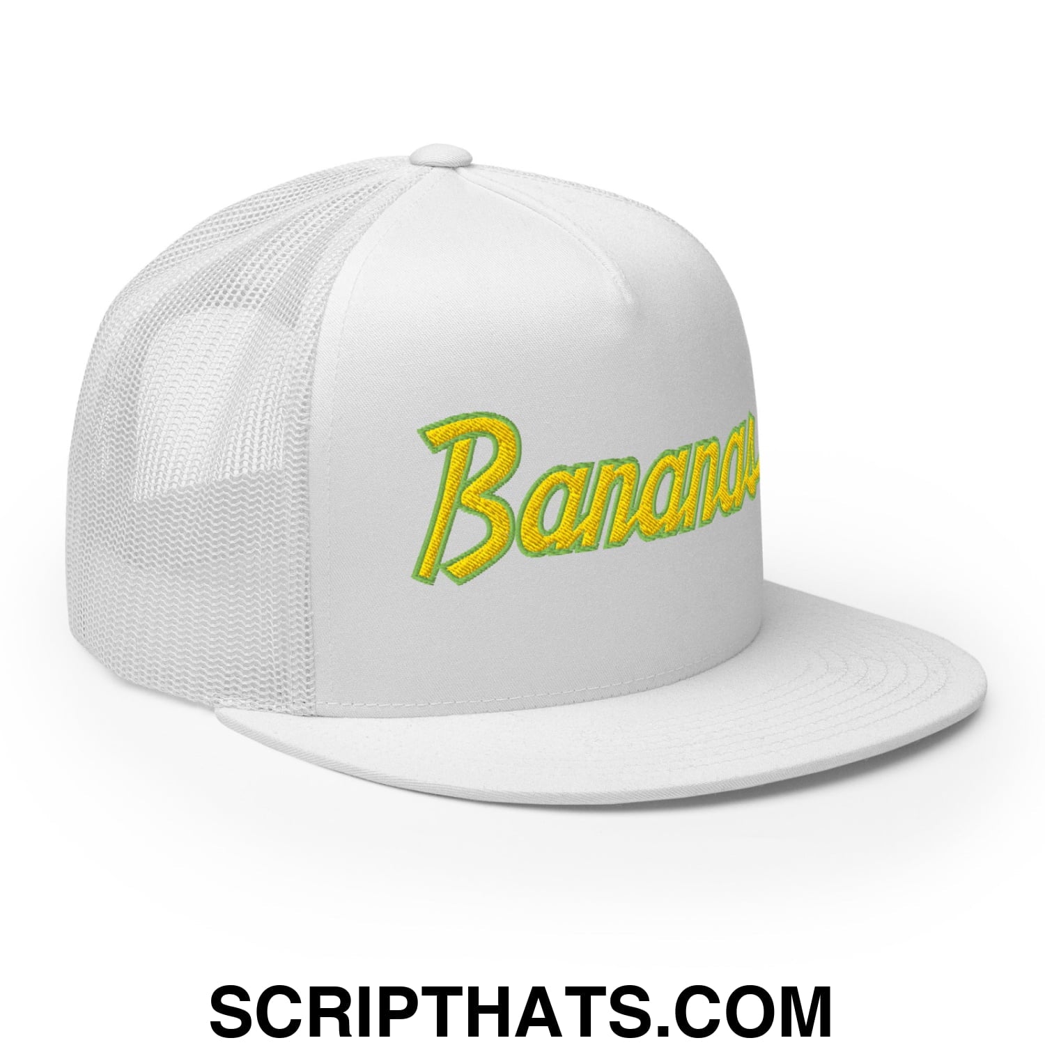 Bananas Baseball Classic Sports Script Embroidered Flat Bill Brim Mesh Trucker Hat White