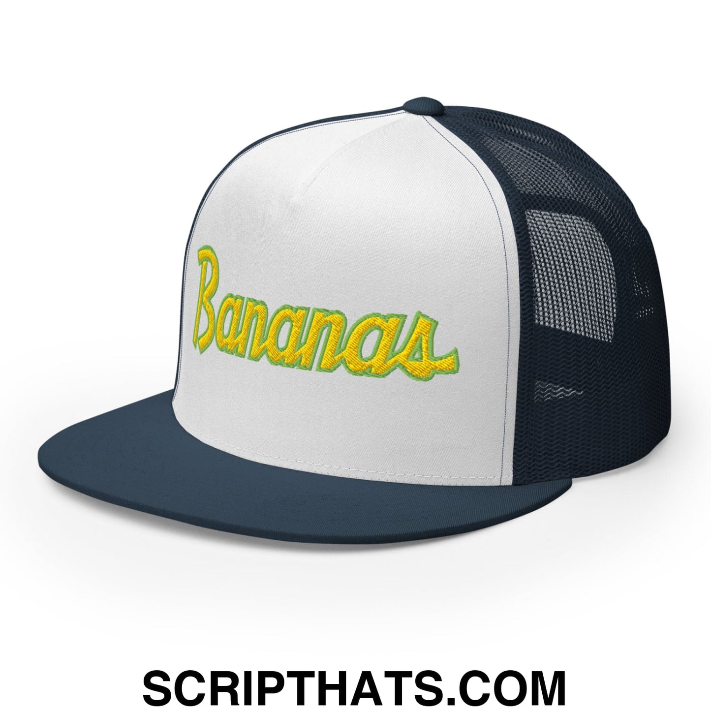 Bananas Baseball Classic Sports Script Embroidered Flat Bill Brim Mesh Trucker Hat Navy White Navy