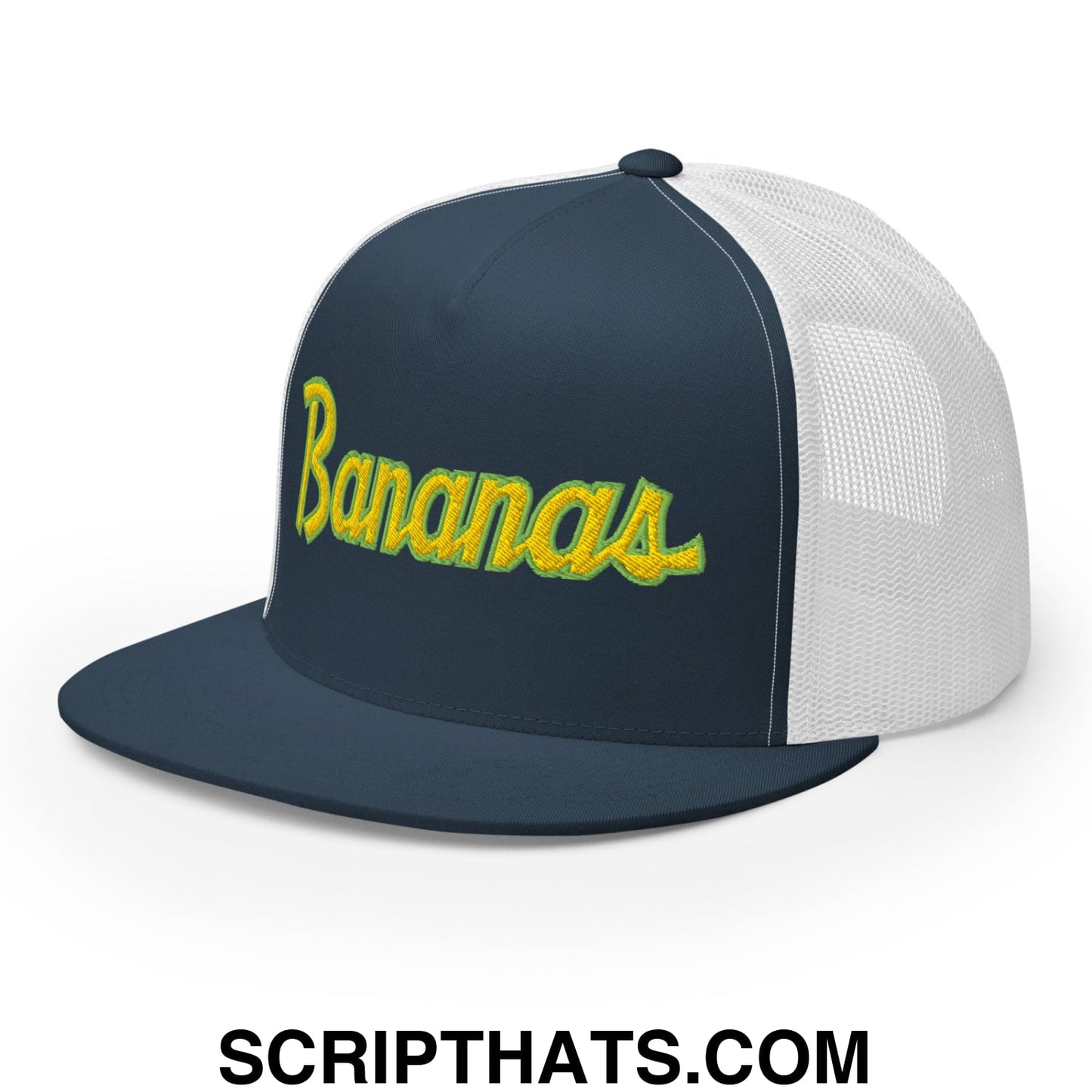 Bananas Baseball Classic Sports Script Embroidered Flat Bill Brim Mesh Trucker Hat Navy White