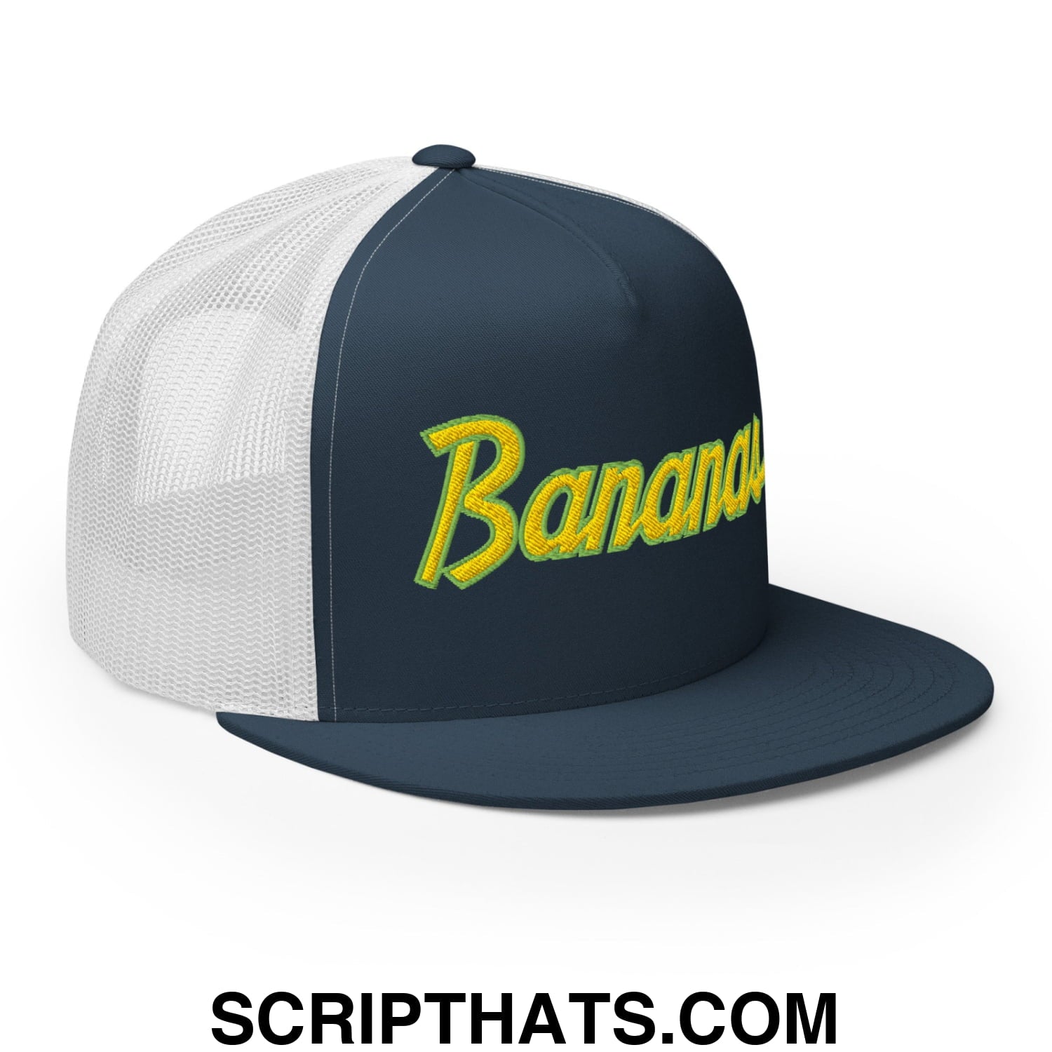 Bananas Baseball Classic Sports Script Embroidered Flat Bill Brim Mesh Trucker Hat Navy White