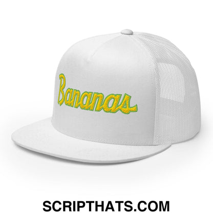 Bananas Baseball Classic Sports Script Embroidered Flat Bill Brim Mesh Trucker Hat White
