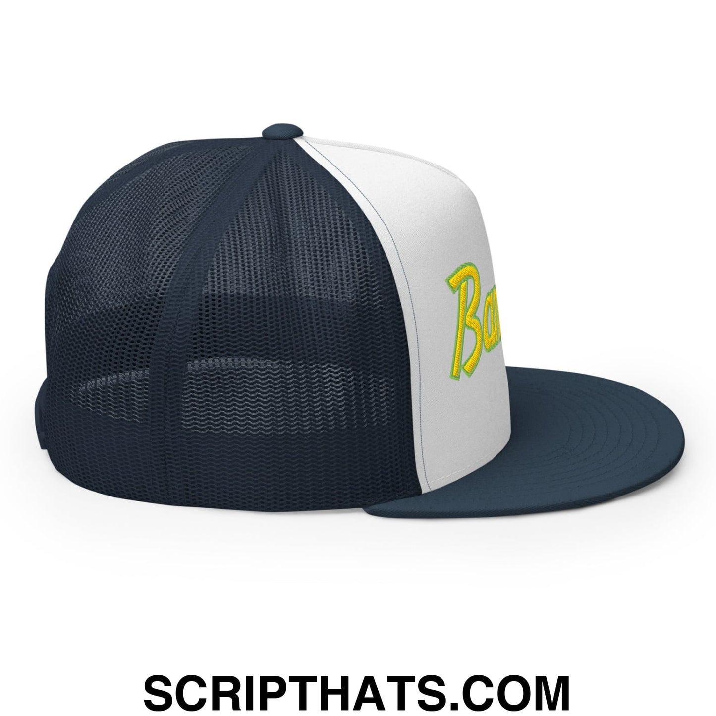 Bananas Baseball Classic Sports Script Embroidered Flat Bill Brim Mesh Trucker Hat Navy White Navy
