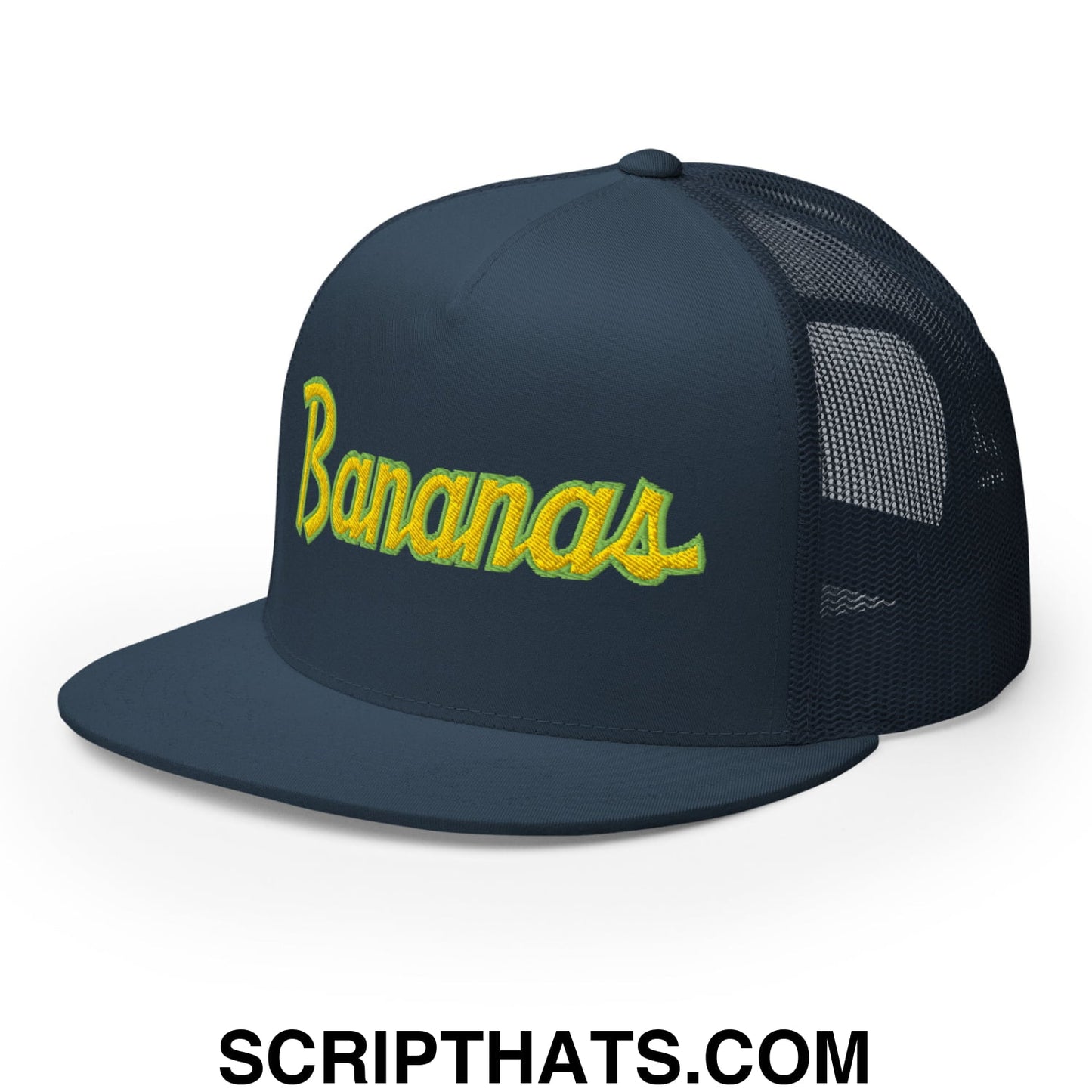 Bananas Baseball Classic Sports Script Embroidered Flat Bill Brim Mesh Trucker Hat Navy