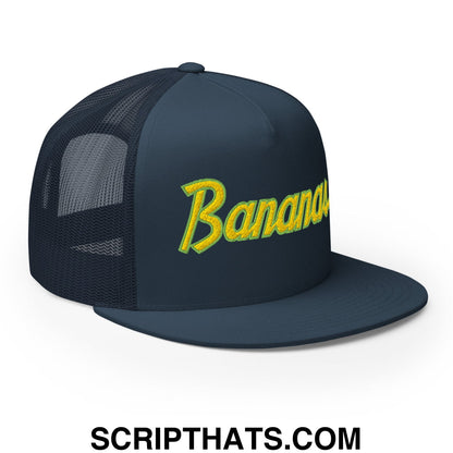 Bananas Baseball Classic Sports Script Embroidered Flat Bill Brim Mesh Trucker Hat Navy