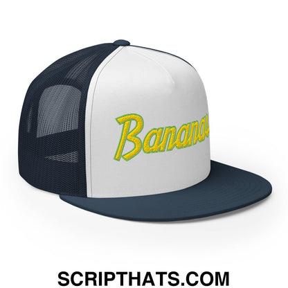 Bananas Baseball Classic Sports Script Embroidered Flat Bill Brim Mesh Trucker Hat Navy White Navy