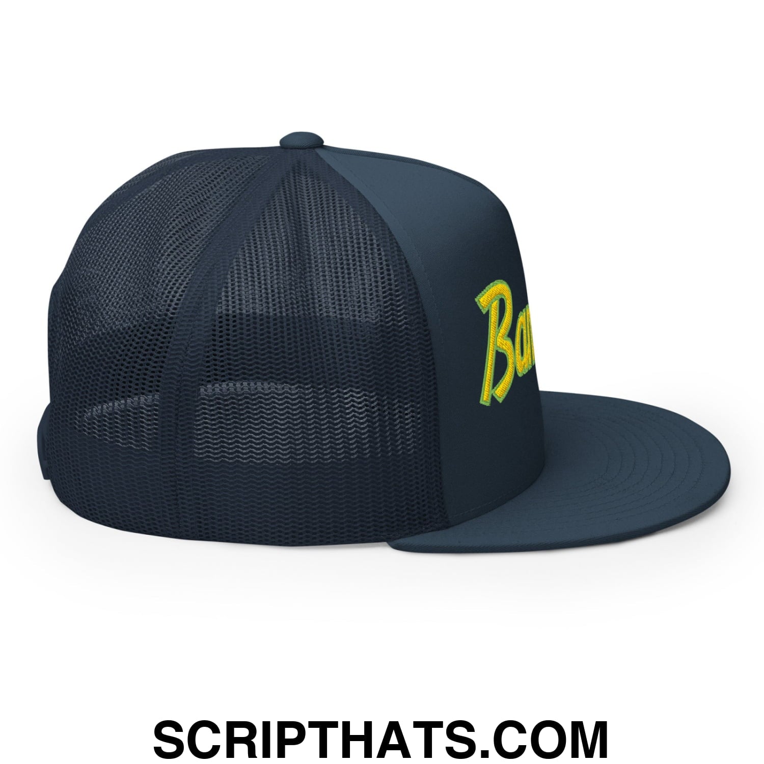 Bananas Baseball Classic Sports Script Embroidered Flat Bill Brim Mesh Trucker Hat Navy