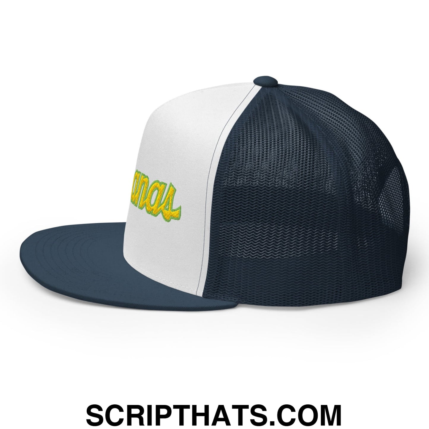 Bananas Baseball Classic Sports Script Embroidered Flat Bill Brim Mesh Trucker Hat Navy White Navy