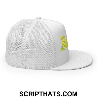 Bananas Baseball Classic Sports Script Embroidered Flat Bill Brim Mesh Trucker Hat White