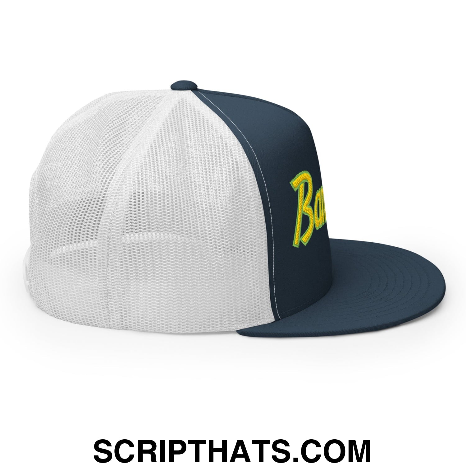 Bananas Baseball Classic Sports Script Embroidered Flat Bill Brim Mesh Trucker Hat Navy White