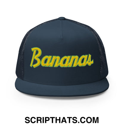 Bananas Baseball Classic Sports Script Embroidered Flat Bill Brim Mesh Trucker Hat Navy