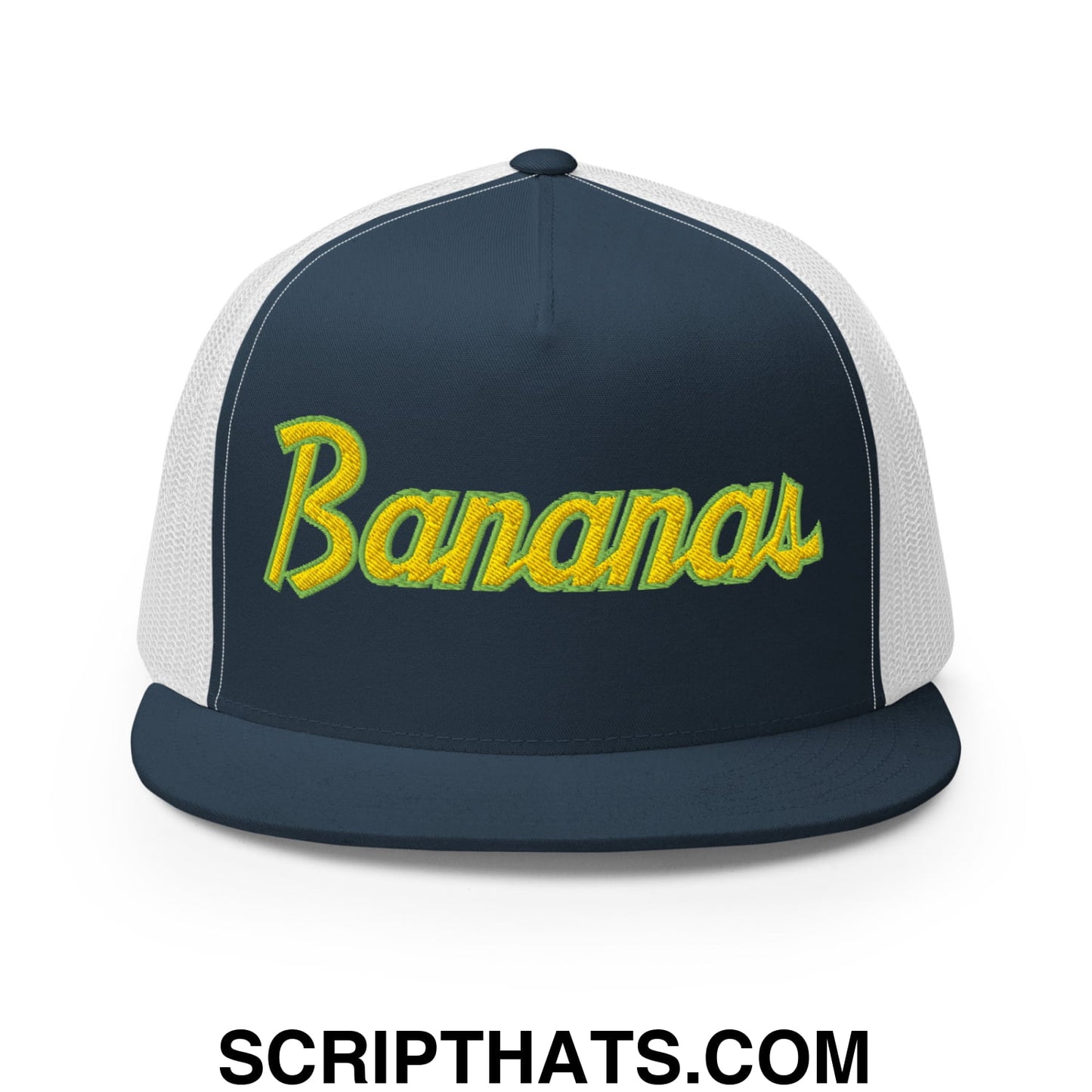 Bananas Baseball Classic Sports Script Embroidered Flat Bill Brim Mesh Trucker Hat Navy White