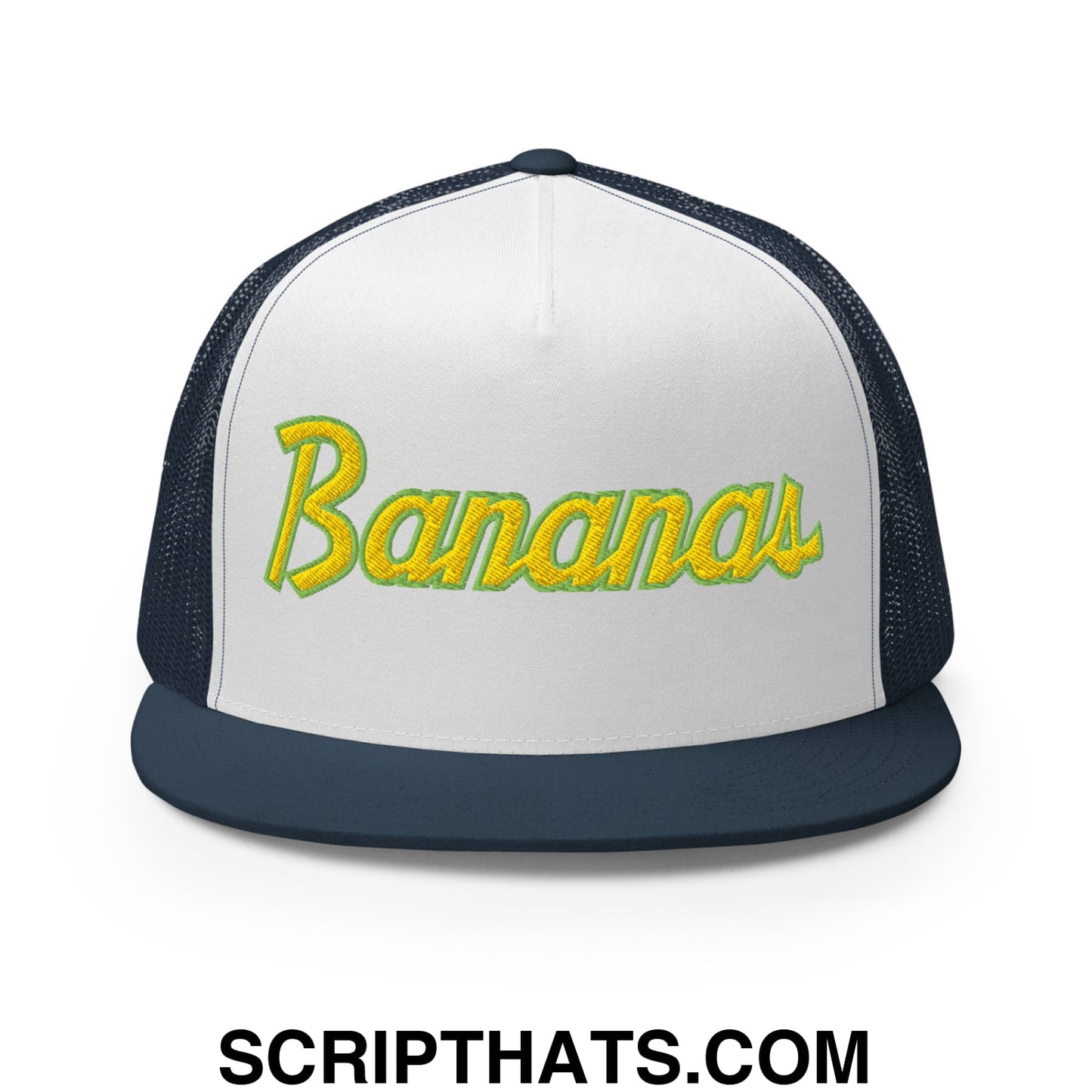 Bananas Baseball Classic Sports Script Embroidered Flat Bill Brim Mesh Trucker Hat Navy White Navy