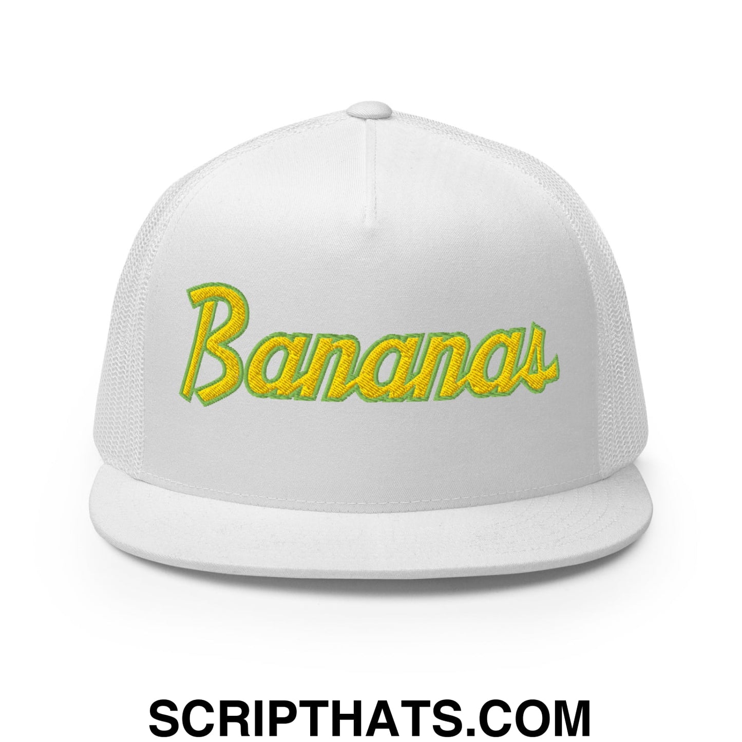 Bananas Baseball Classic Sports Script Embroidered Flat Bill Brim Mesh Trucker Hat White