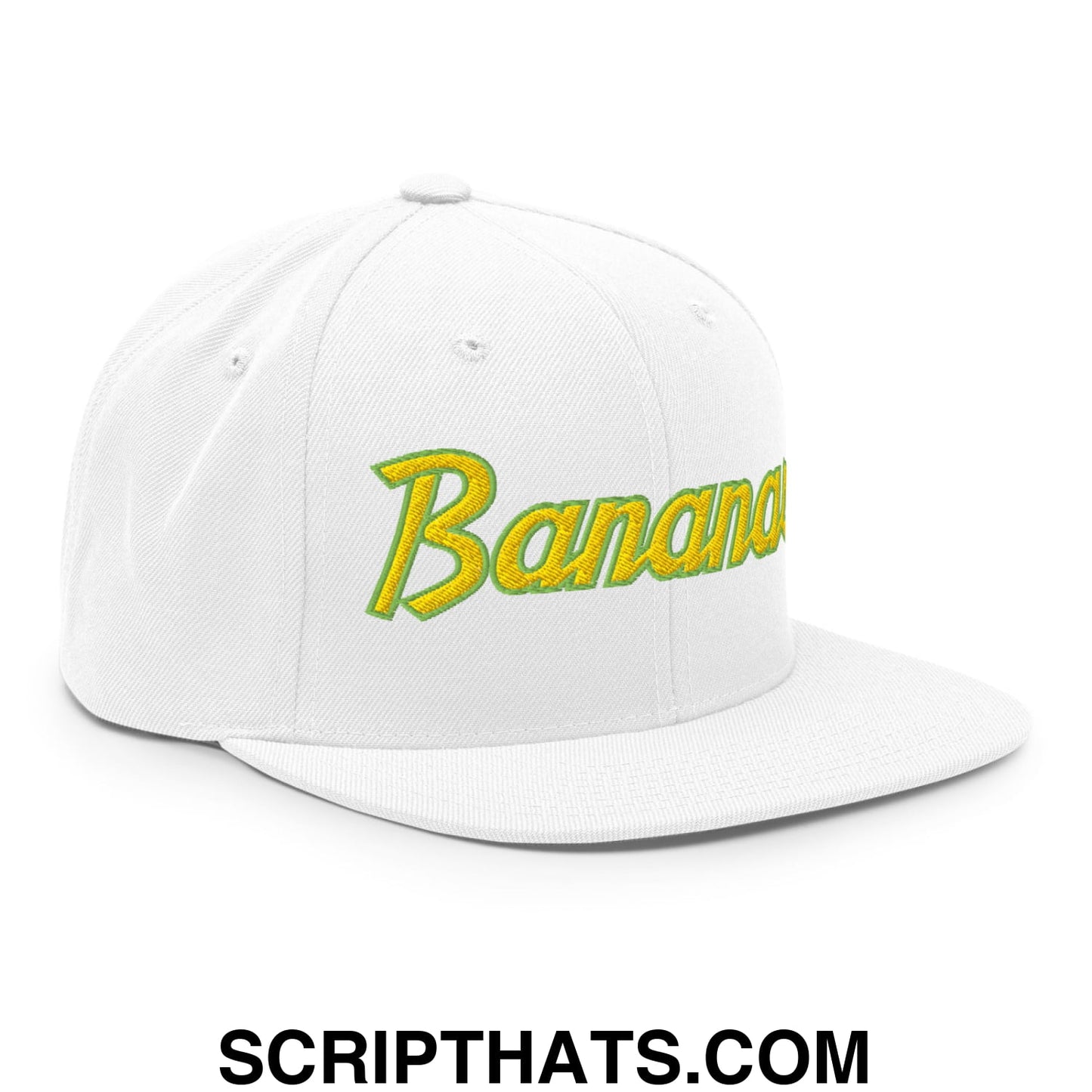 Bananas Baseball Classic Sports Script Embroidered Flat Bill Brim Snapback Hat White