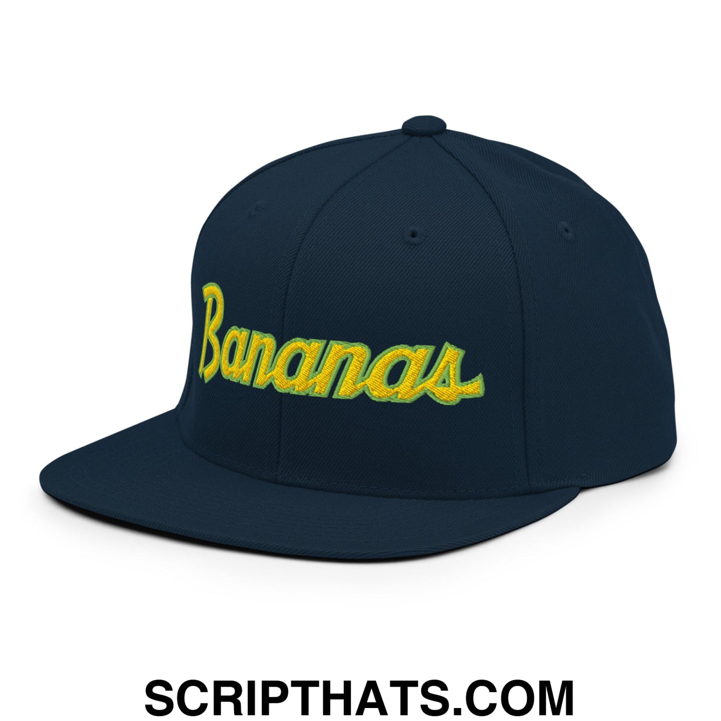 Bananas Baseball Classic Sports Script Embroidered Flat Bill Brim Snapback Hat Dark Navy