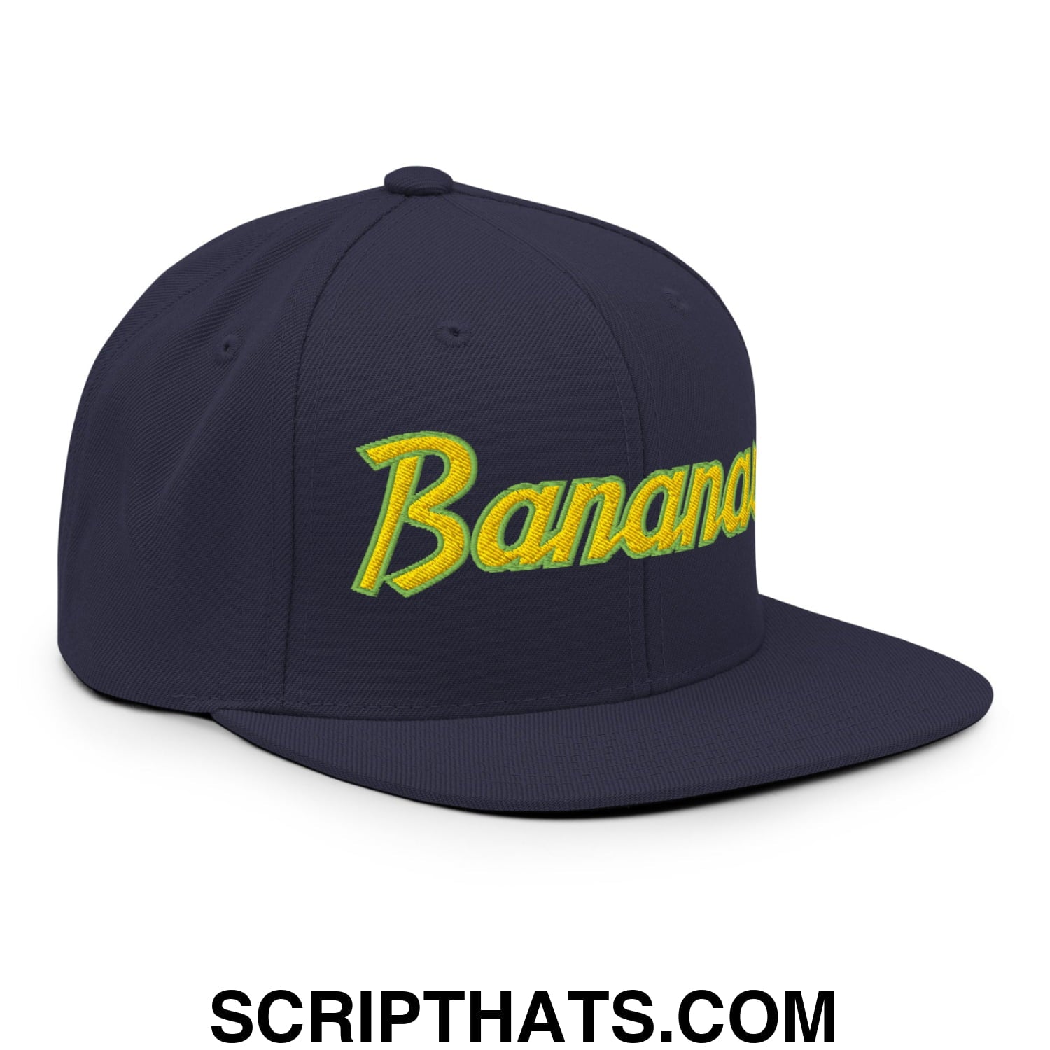 Bananas Baseball Classic Sports Script Embroidered Flat Bill Brim Snapback Hat Navy