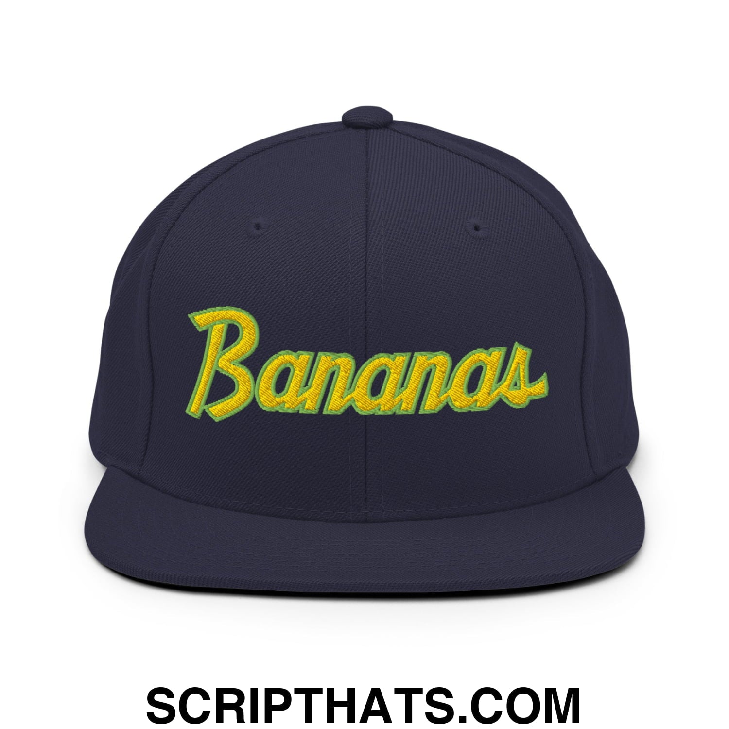 Bananas Baseball Classic Sports Script Embroidered Flat Bill Brim Snapback Hat Navy