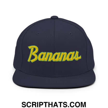 Bananas Baseball Classic Sports Script Embroidered Flat Bill Brim Snapback Hat Navy