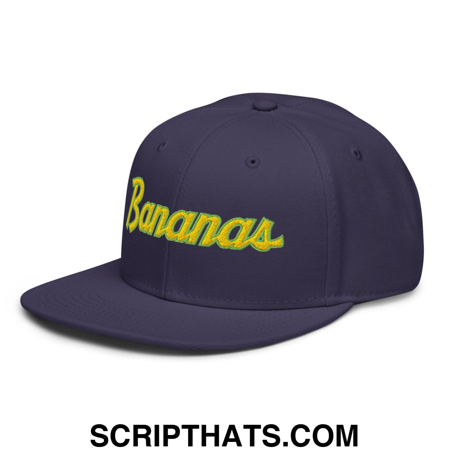 Bananas Baseball Classic Sports Script Embroidered Flat Brim Bill Snapback Hat Navy blue