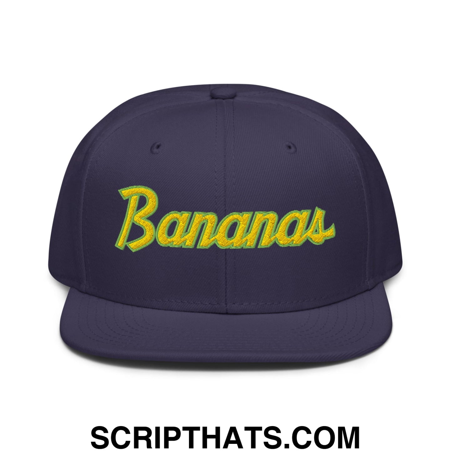 Bananas Baseball Classic Sports Script Embroidered Flat Brim Bill Snapback Hat Navy blue