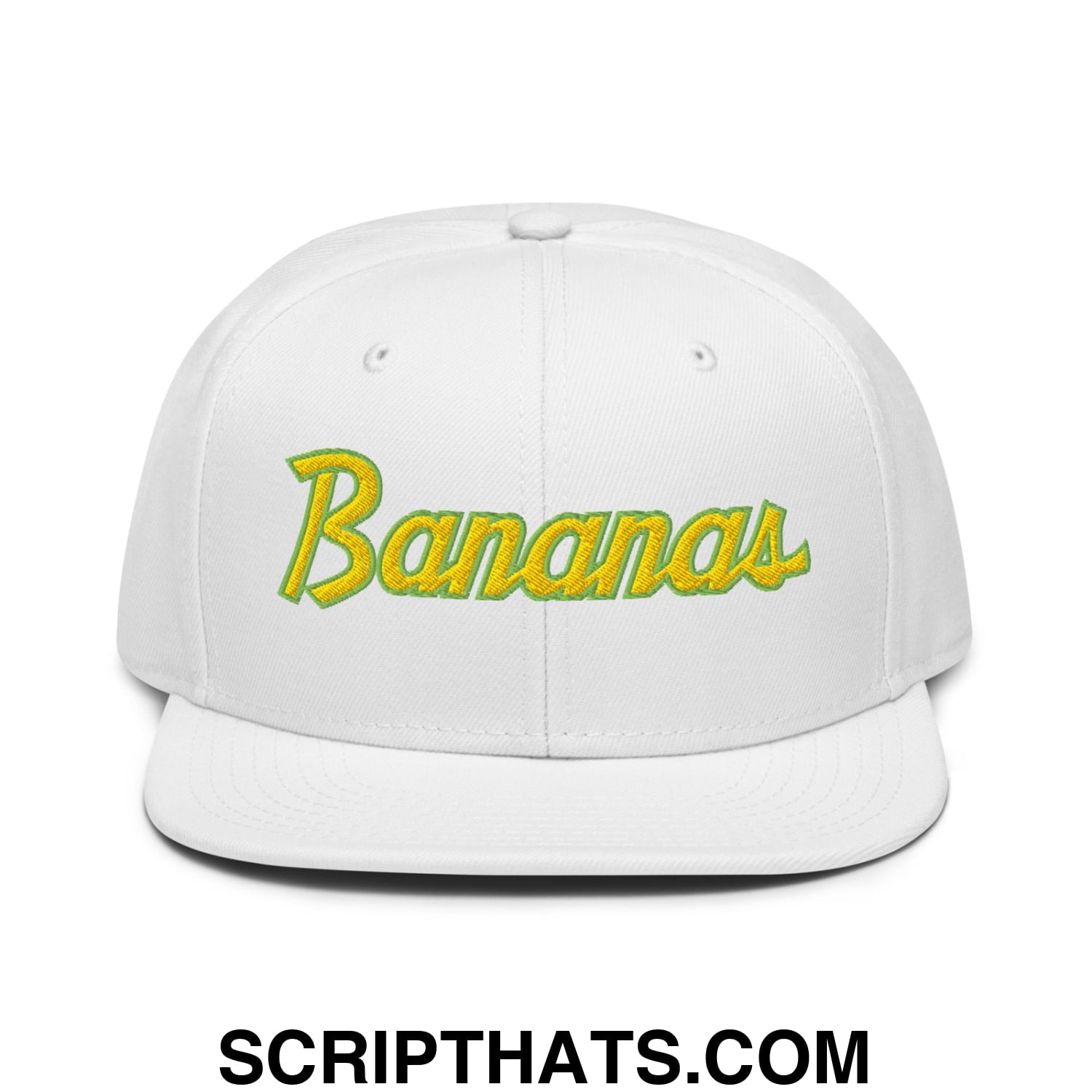 Bananas Baseball Classic Sports Script Embroidered Flat Brim Bill Snapback Hat White