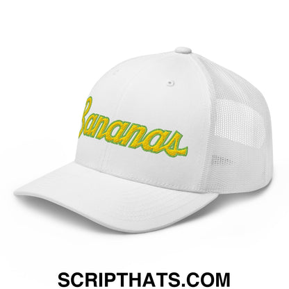 Bananas Baseball Classic Sports Script Embroidered Mesh Trucker Hat White