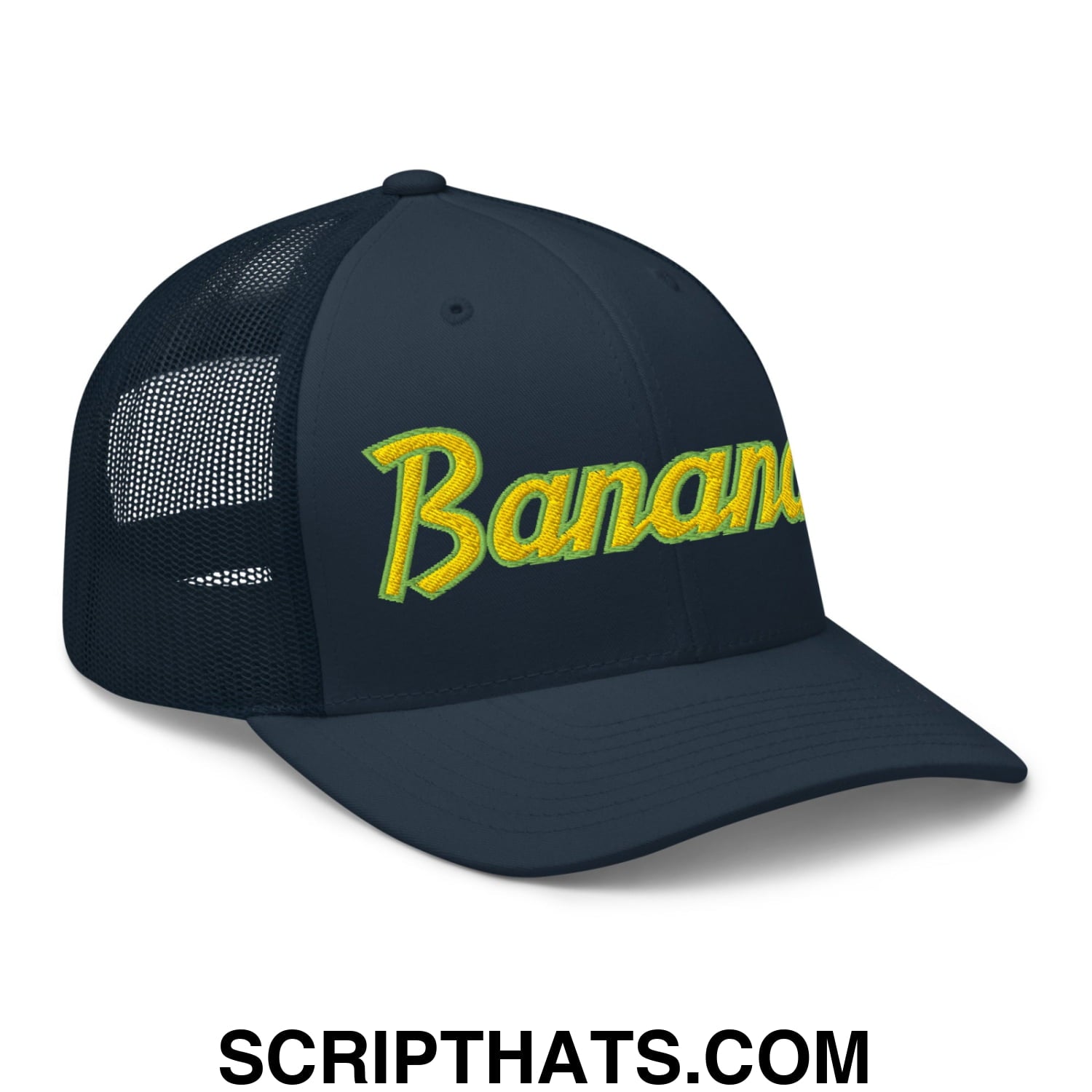 Bananas Baseball Classic Sports Script Embroidered Mesh Trucker Hat Navy