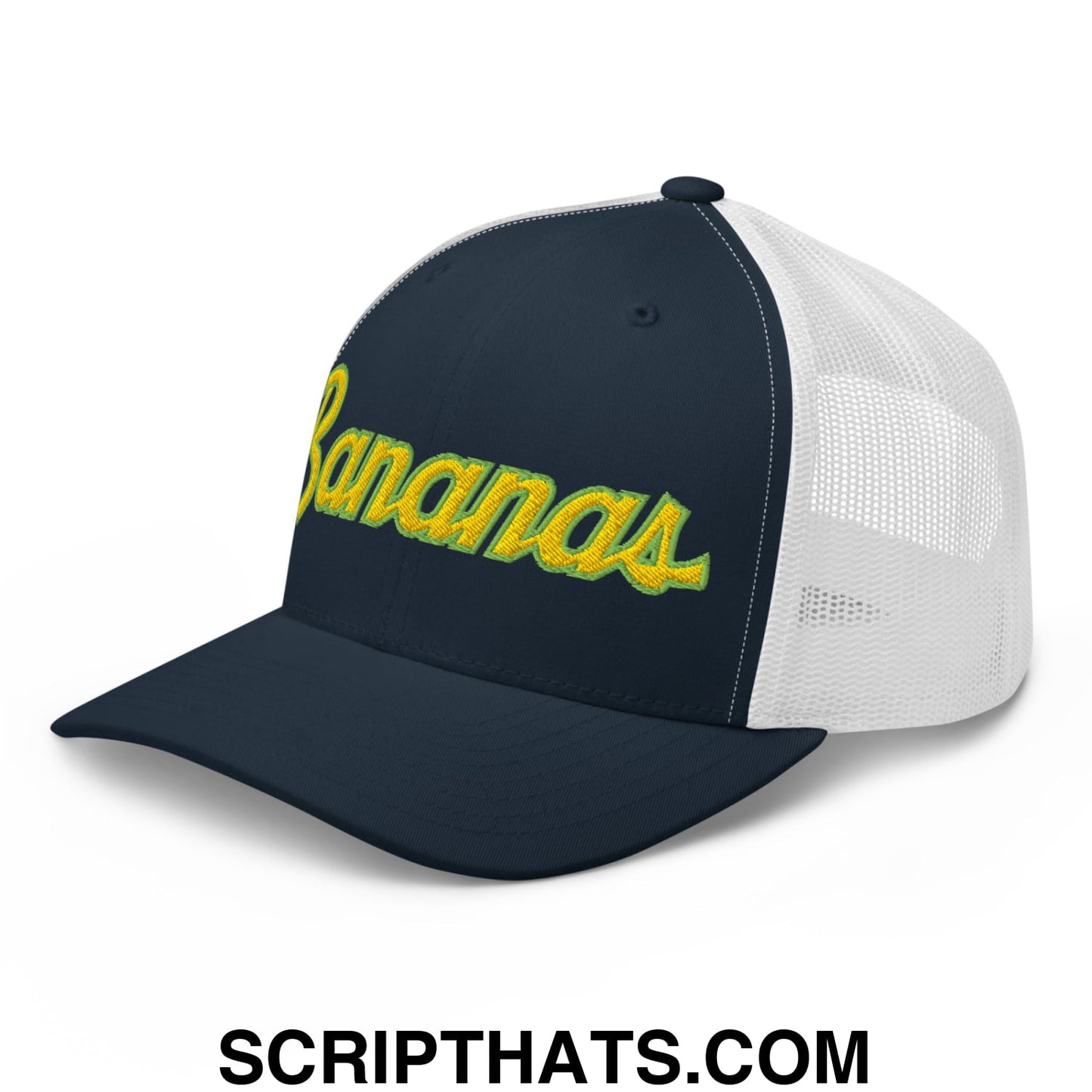 Bananas Baseball Classic Sports Script Embroidered Mesh Trucker Hat Navy White