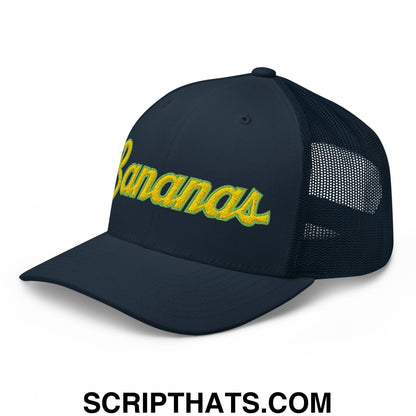 Bananas Baseball Classic Sports Script Embroidered Mesh Trucker Hat Navy