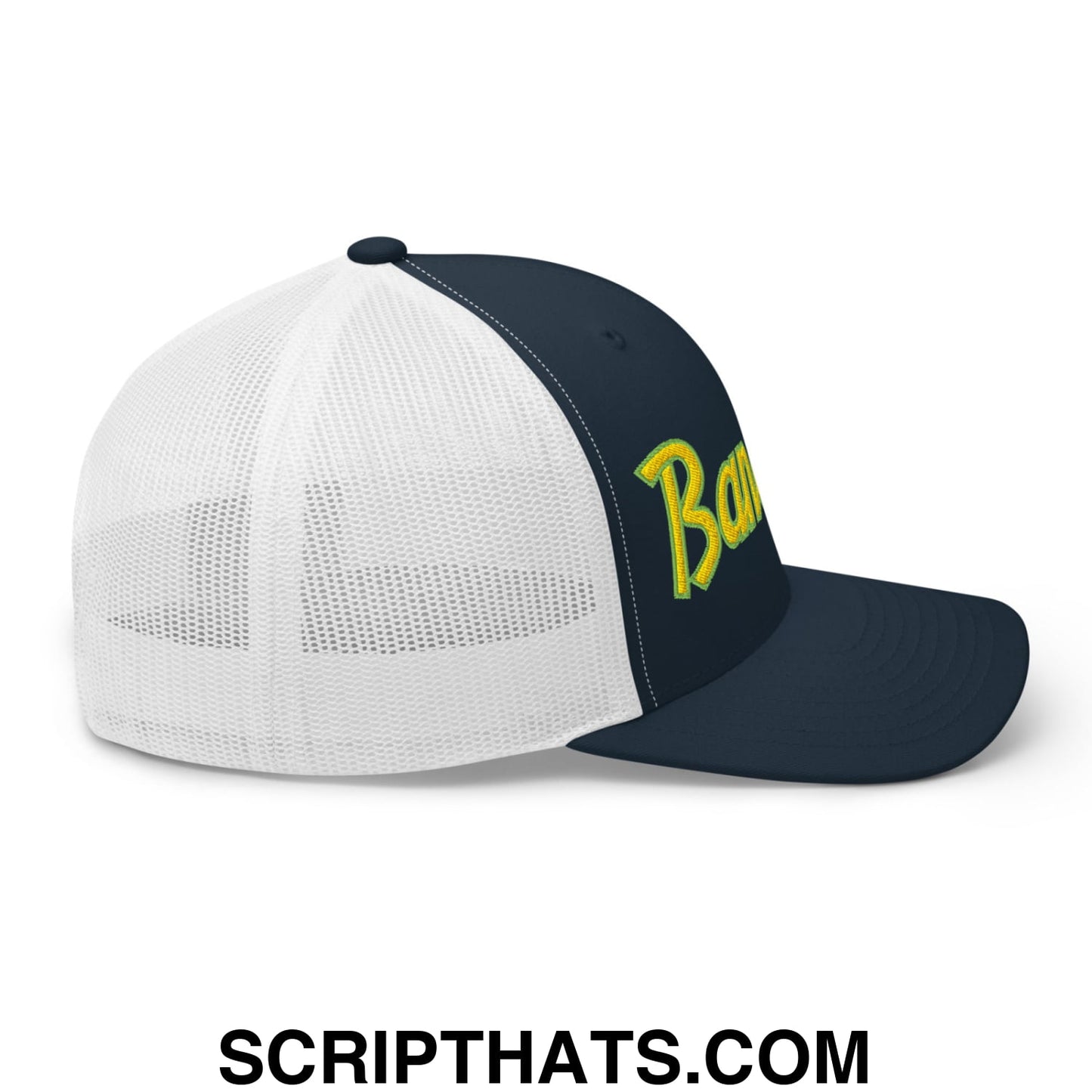 Bananas Baseball Classic Sports Script Embroidered Mesh Trucker Hat Navy White
