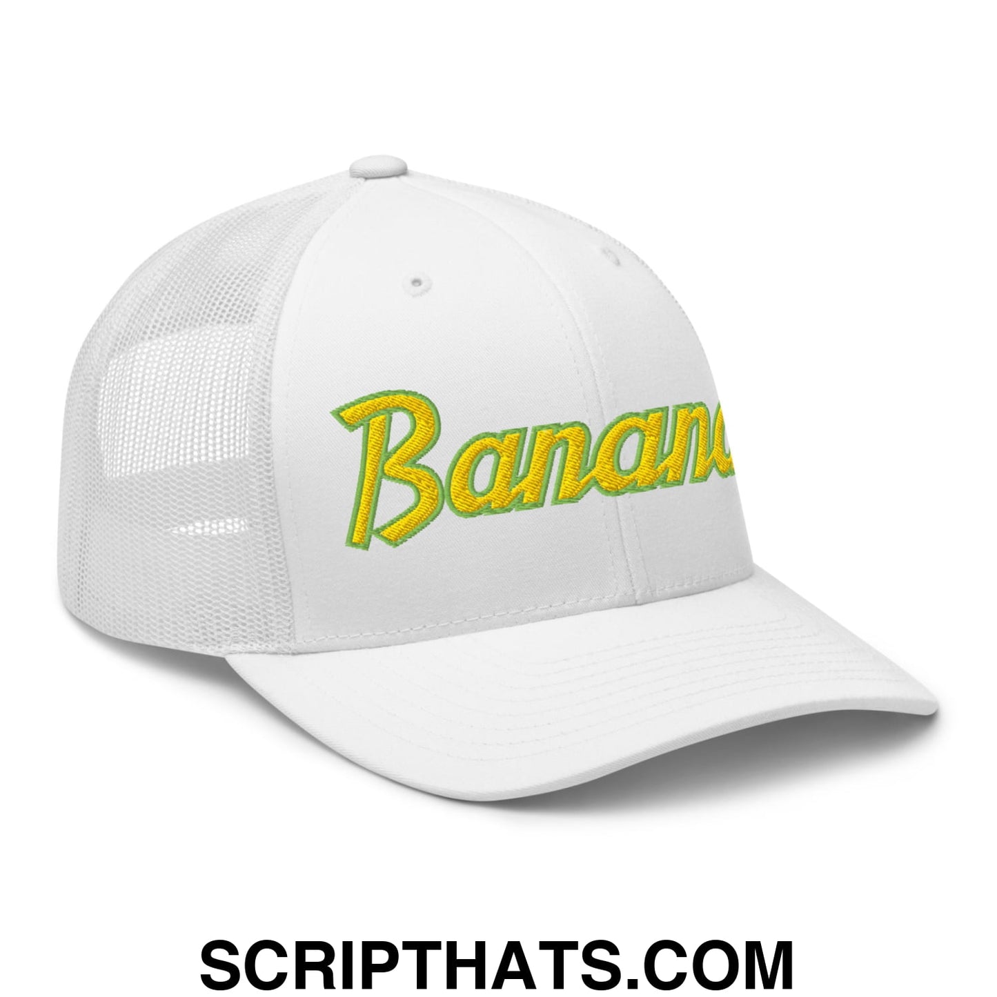 Bananas Baseball Classic Sports Script Embroidered Mesh Trucker Hat White