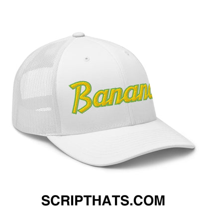 Bananas Baseball Classic Sports Script Embroidered Mesh Trucker Hat White