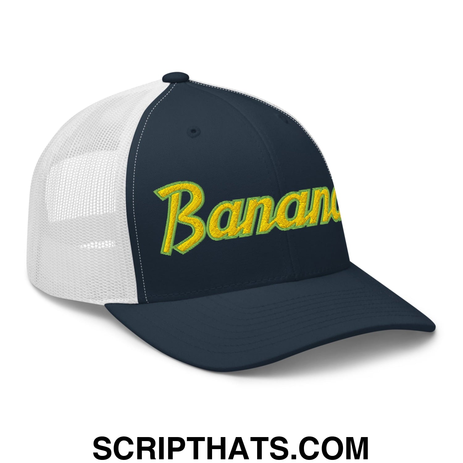 Bananas Baseball Classic Sports Script Embroidered Mesh Trucker Hat Navy White
