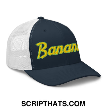 Bananas Baseball Classic Sports Script Embroidered Mesh Trucker Hat Navy White