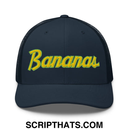 Bananas Baseball Classic Sports Script Embroidered Mesh Trucker Hat Navy