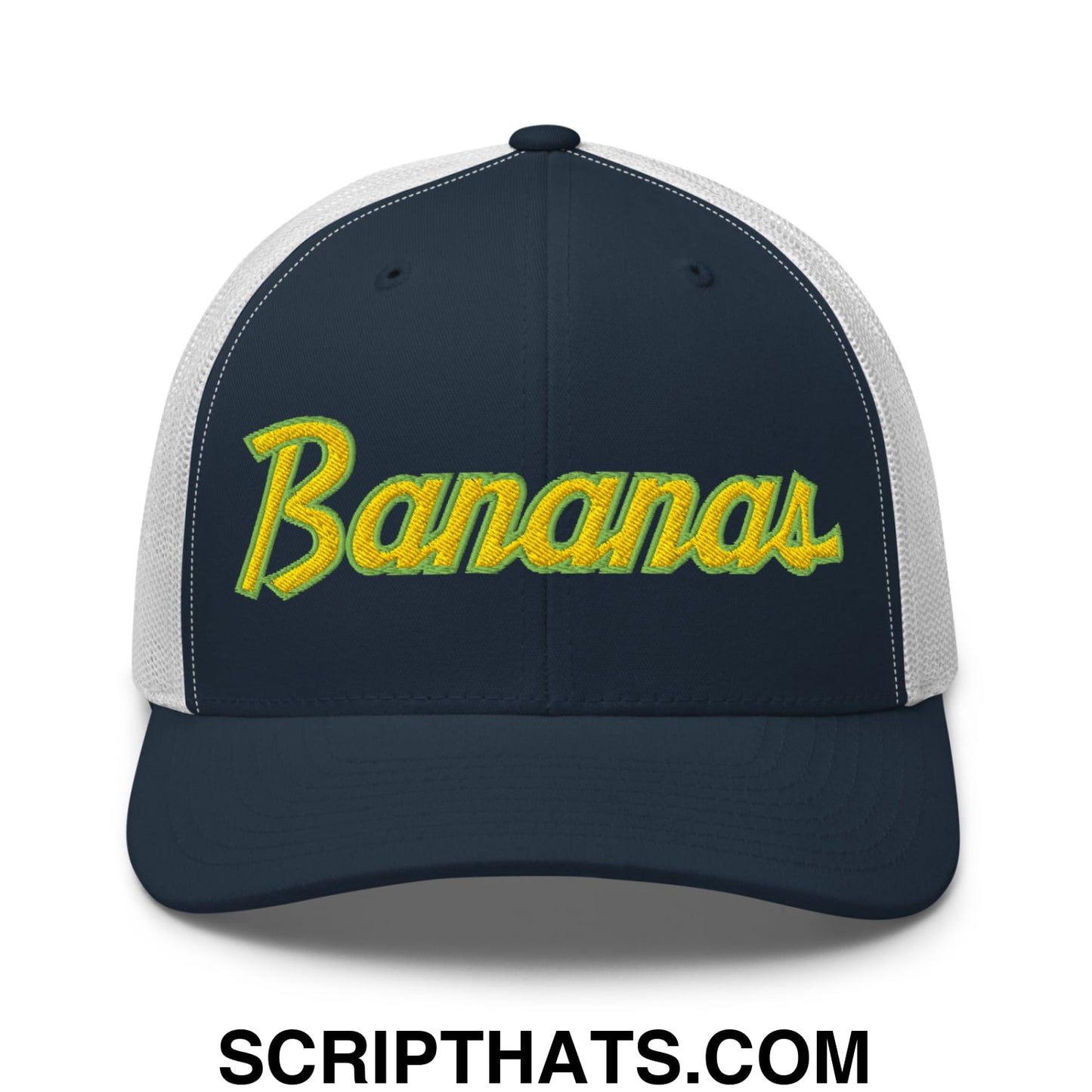 Bananas Baseball Classic Sports Script Embroidered Mesh Trucker Hat Navy White