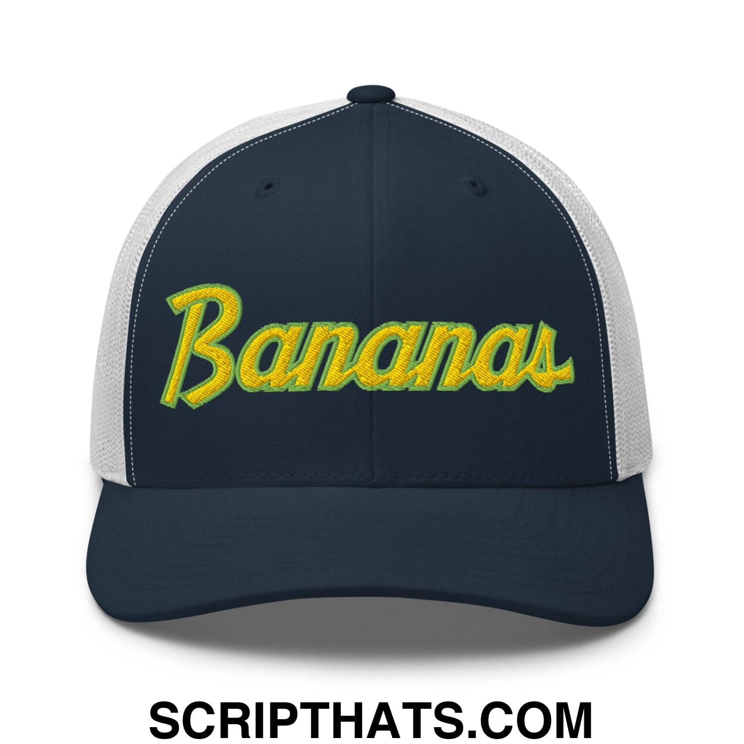 Bananas Baseball Classic Sports Script Embroidered Mesh Trucker Hat Navy White
