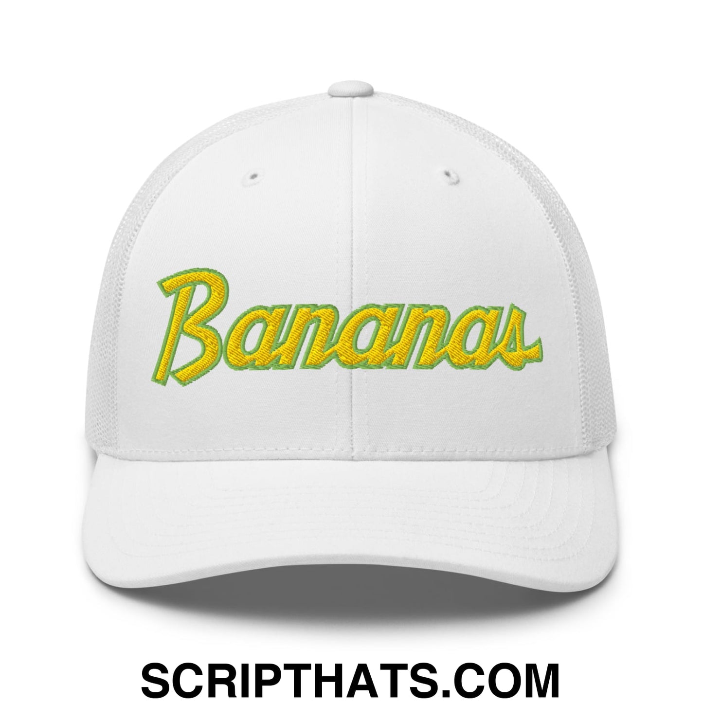 Bananas Baseball Classic Sports Script Embroidered Mesh Trucker Hat White