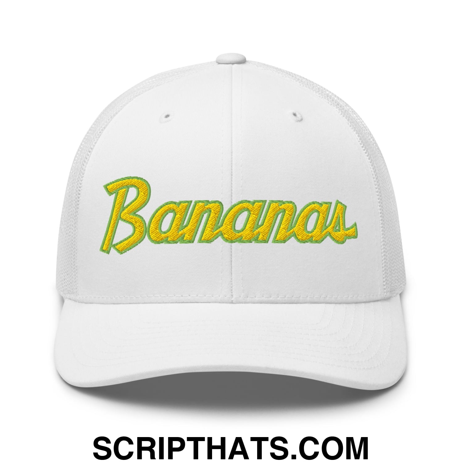Bananas Baseball Classic Sports Script Embroidered Mesh Trucker Hat White